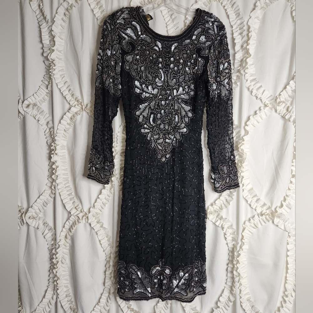 Vintage Gold Star Cocktail Dress Beaded Black & Silver 80s Open Back Sz XS